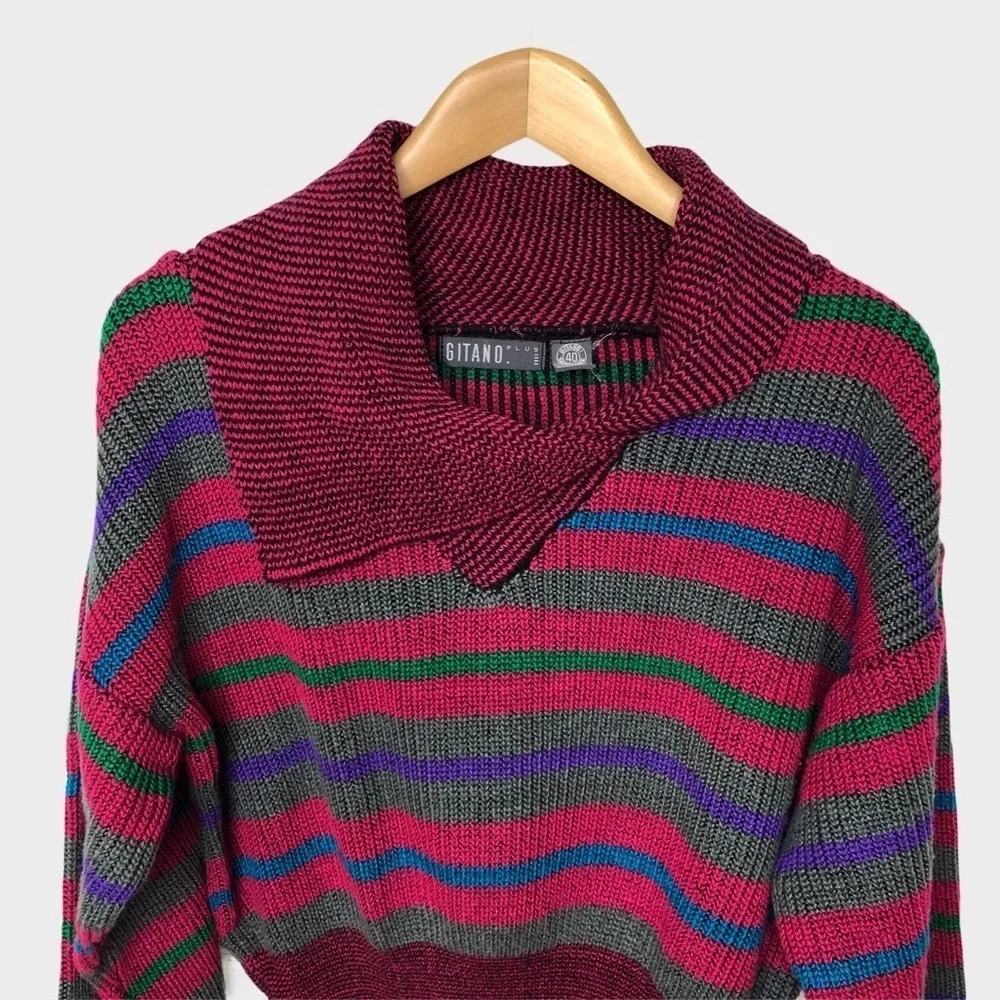 Gitano Vintage Sweater Pink Blouson Sleeve Size 40 Stripe - Picture 2 of 8